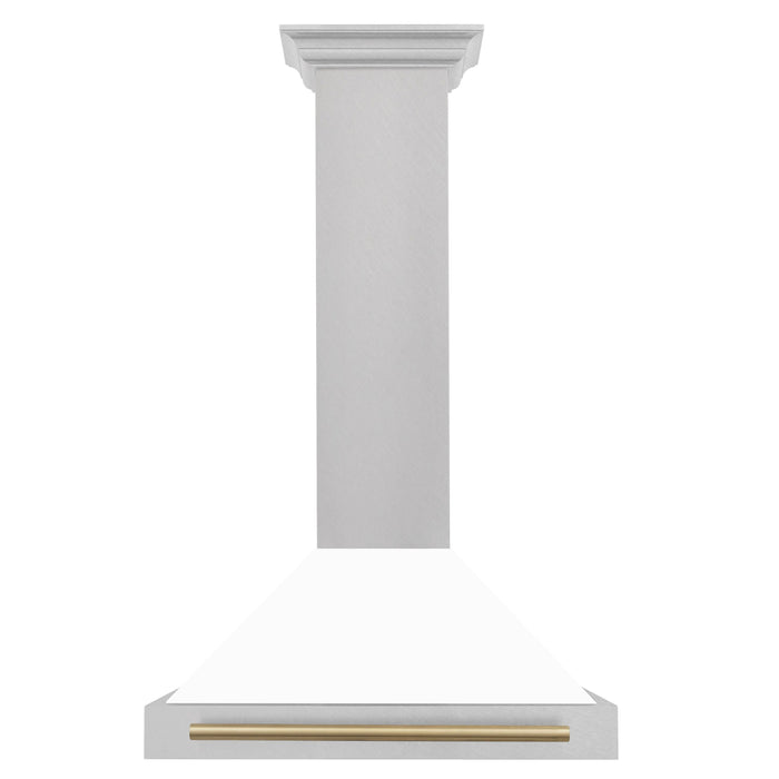 ZLINE 30" Autograph Edition Wall Mount Range Hood in DuraSnow® Stainless Steel with White Matte Shell and Champagne Bronze Handle, KB4SNZ-WM30-CB