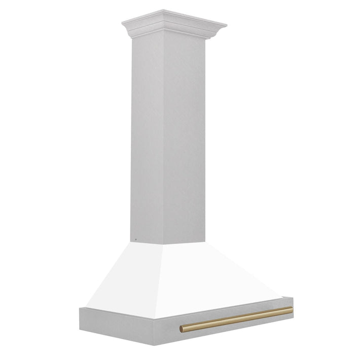 ZLINE 30" Autograph Edition Wall Mount Range Hood in DuraSnow® Stainless Steel with White Matte Shell and Champagne Bronze Handle, KB4SNZ-WM30-CB