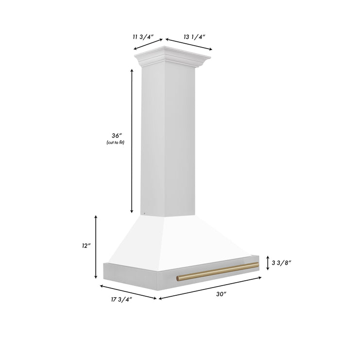 ZLINE 30" Autograph Edition Wall Mount Range Hood in Stainless Steel with White Matte Shell and Champagne Bronze Accents, KB4STZ-WM30-CB