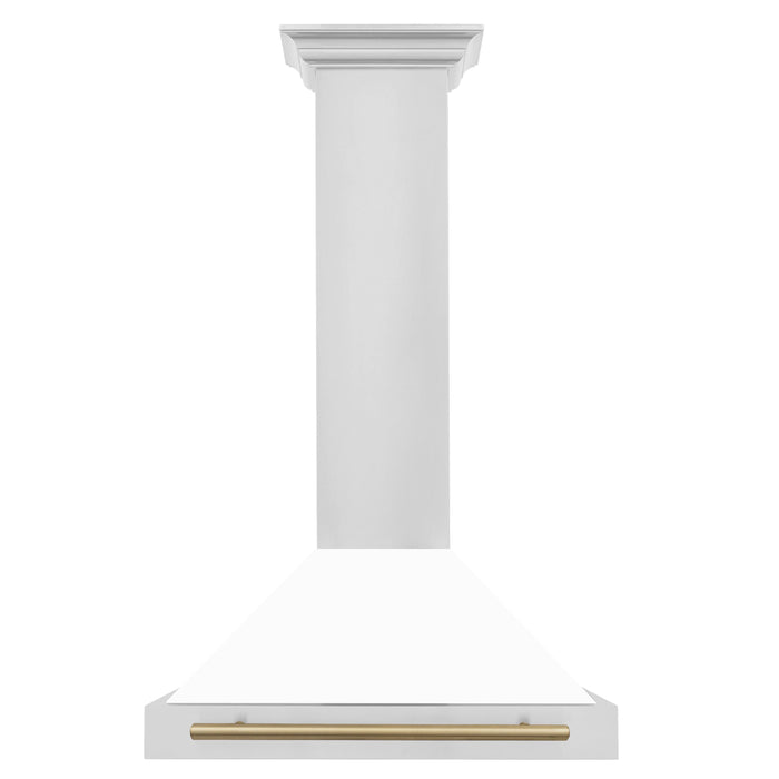 ZLINE 30" Autograph Edition Wall Mount Range Hood in Stainless Steel with White Matte Shell and Champagne Bronze Accents, KB4STZ-WM30-CB