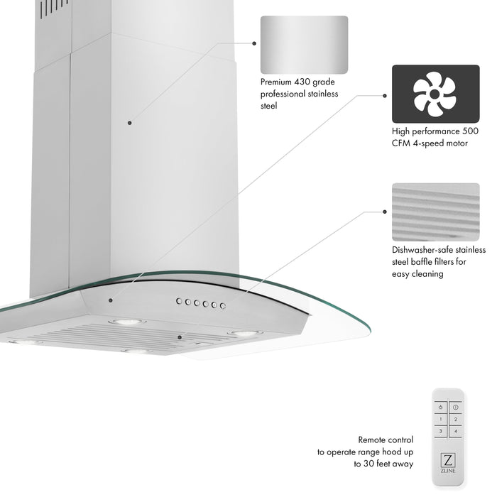 ZLINE 30" Alpine Series Convertible Island Mount Range Hood in Stainless Steel & Glass, ALP70IS-30