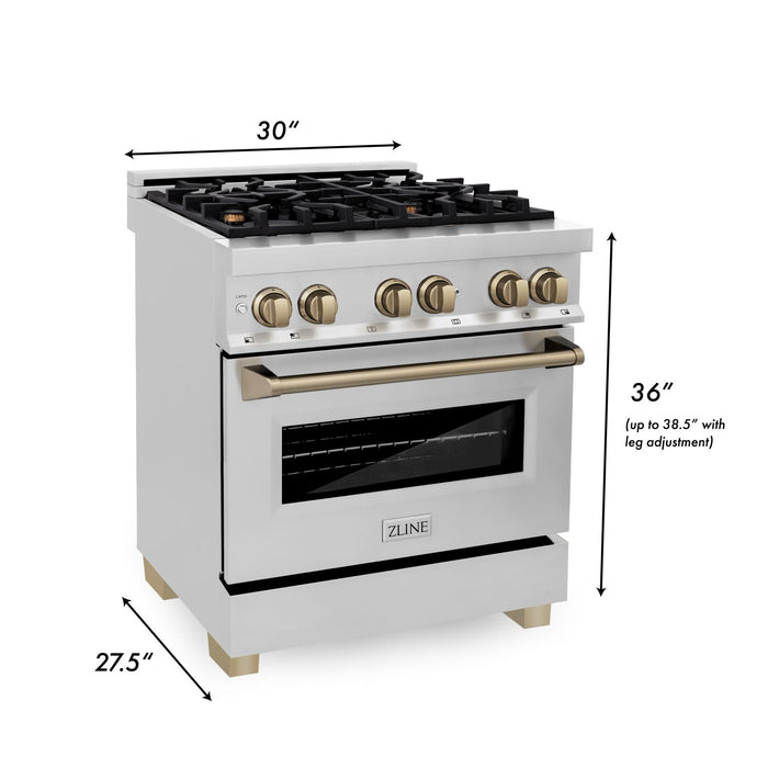 ZLINE 30" Autograph Edition Dual Fuel Range in Stainless Steel with Champagne Bronze Accents, RAZ-30-CB