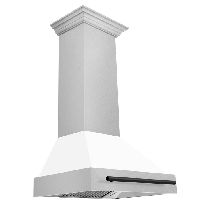 ZLINE 30" Autograph Edition Wall Mount Range Hood in DuraSnow® Stainless Steel with White Matte Shell and Matte Black Handle, 8654SNZ-WM30-MB