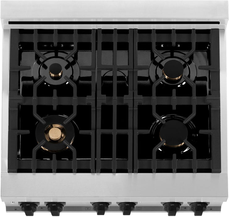 ZLINE 30" Autograph Edition All Gas Range in Stainless Steel with White Matte Door and Champagne Bronze Accents, RGZ-WM-30-CB