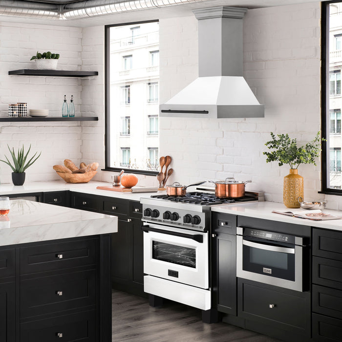 ZLINE Autograph Package - 30 In. Gas Range, Range Hood, Dishwasher in White with Matte Black Accents, 3AKP-RGWMRHDWM30-MB