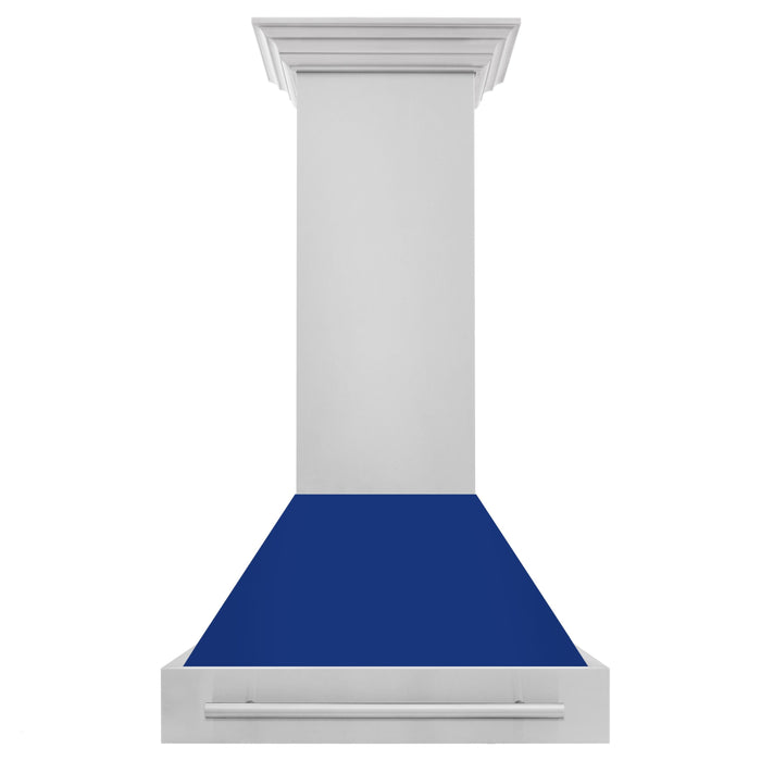 ZLINE 30" Wall Mount Range Hood in Stainless Steel with Blue Gloss Shell & Stainless Steel Handle, 8654STX-BG-30