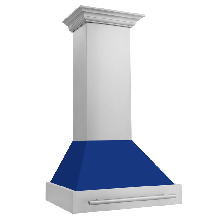 ZLINE 30" Wall Mount Range Hood in Stainless Steel with Blue Gloss Shell & Stainless Steel Handle, 8654STX-BG-30