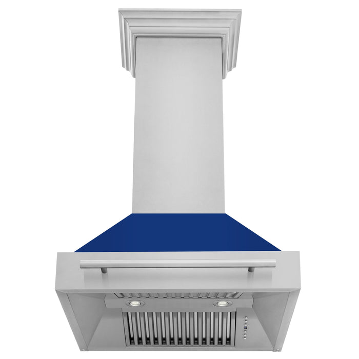 ZLINE 30" Wall Mount Range Hood in Stainless Steel with Blue Gloss Shell & Stainless Steel Handle, 8654STX-BG-30