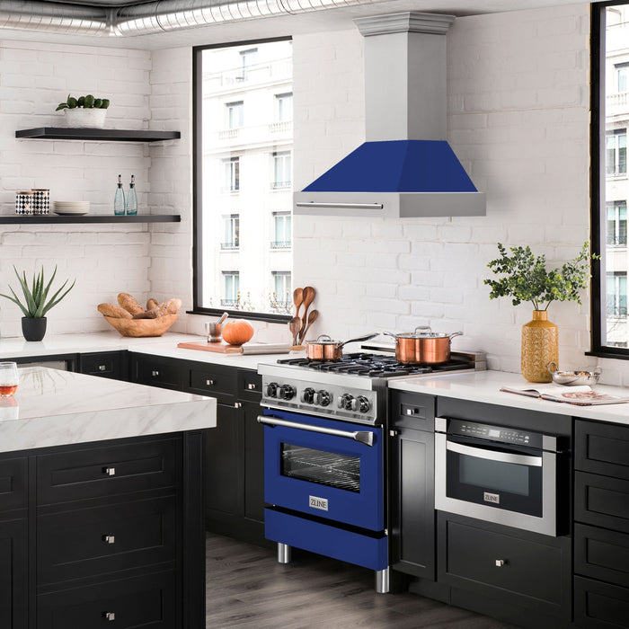 ZLINE 30" Wall Mount Range Hood in Stainless Steel with Blue Gloss Shell & Stainless Steel Handle, 8654STX-BG-30