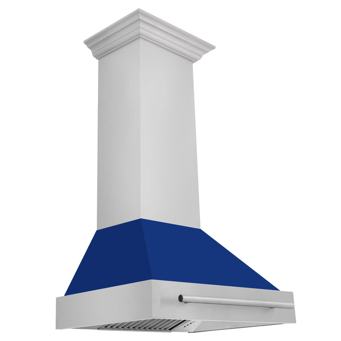 ZLINE 30" Wall Mount Range Hood in Stainless Steel with Blue Gloss Shell & Stainless Steel Handle, 8654STX-BG-30