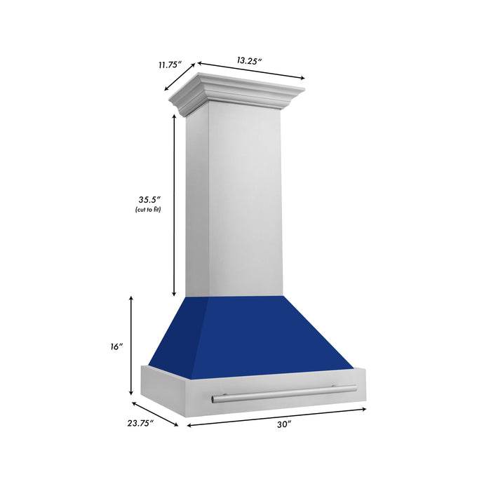 ZLINE 30" Wall Mount Range Hood in Stainless Steel with Blue Gloss Shell & Stainless Steel Handle, 8654STX-BG-30