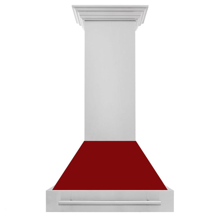 ZLINE 30" Wall Mount Range Hood in Stainless Steel with Red Gloss Shell and Stainless Steel Handle, 8654STX-RG-30