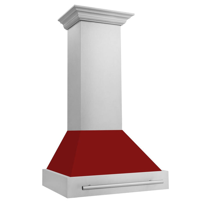 ZLINE 30" Wall Mount Range Hood in Stainless Steel with Red Gloss Shell and Stainless Steel Handle, 8654STX-RG-30