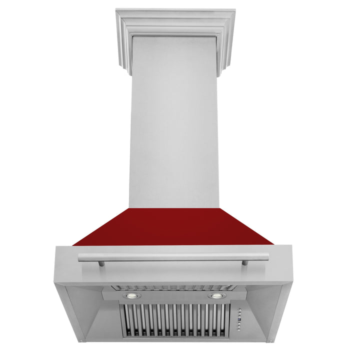 ZLINE 30" Wall Mount Range Hood in Stainless Steel with Red Gloss Shell and Stainless Steel Handle, 8654STX-RG-30