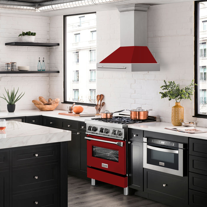 ZLINE 30" Wall Mount Range Hood in Stainless Steel with Red Gloss Shell and Stainless Steel Handle, 8654STX-RG-30