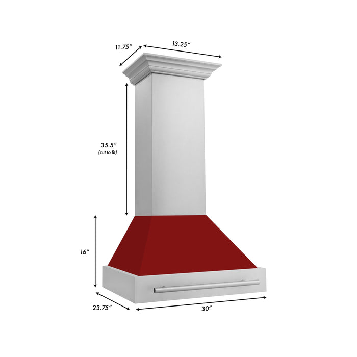 ZLINE 30" Wall Mount Range Hood in Stainless Steel with Red Gloss Shell and Stainless Steel Handle, 8654STX-RG-30