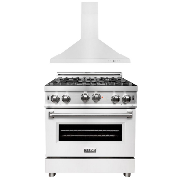 ZLINE 30 in. Gas Range with White Matte Door & 30 in. Range Hood Appliance Package, 2KP-RGWMRH30