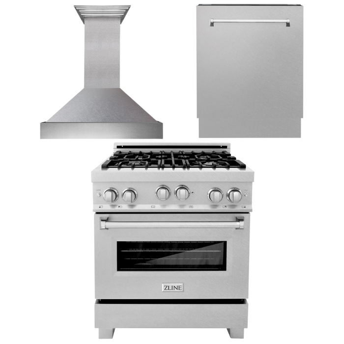 ZLINE 30 in. Kitchen Appliance Package with DuraSnow® Stainless Steel Gas Range, Ducted Range Hood and Tall Tub Dishwasher, 3KP-RGSRH30-DWV