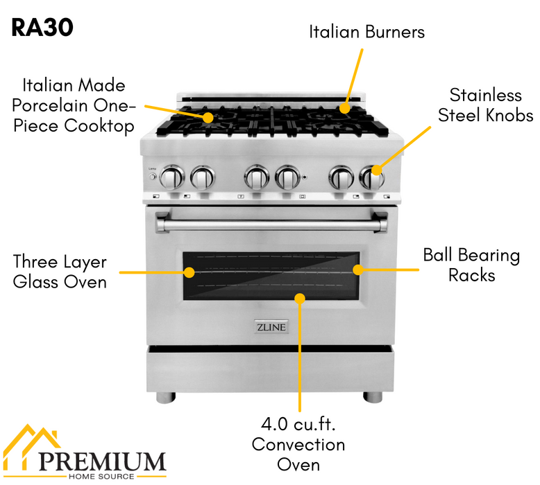 ZLINE 30" Professional Dual Fuel Range in Stainless Steel, RA30