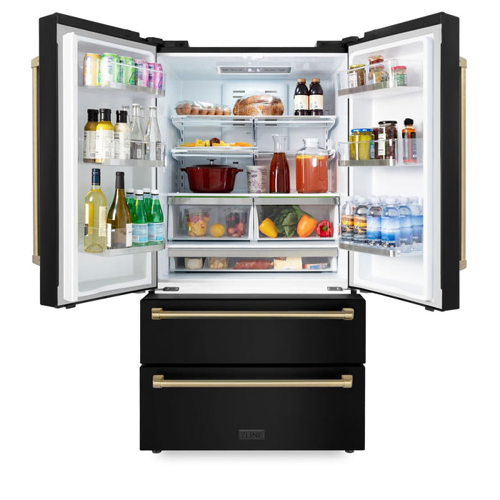 ZLINE Autograph Package - 36" Dual Fuel Range, Range Hood, Refrigerator, Dishwasher in Black Stainless with Bronze Accents