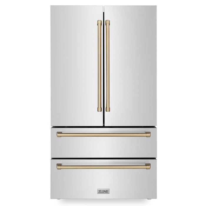 ZLINE Autograph Package - 36" Dual Fuel Range, Range Hood, Refrigerator, Microwave and Dishwasher in Stainless Steel with Bronze Accents