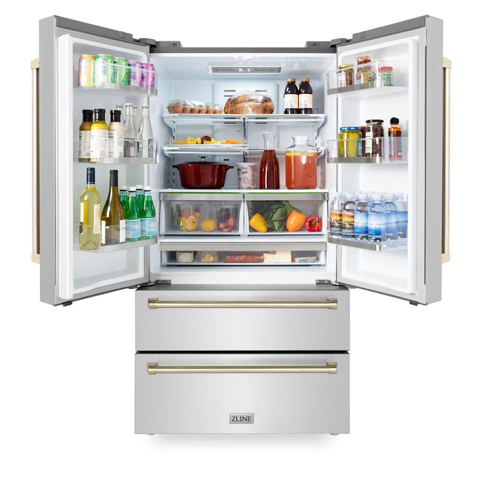 ZLINE 36" Autograph Edition Refrigerator in Fingerprint Resistant Stainless Steel and Gold Accents, RFMZ-36-G