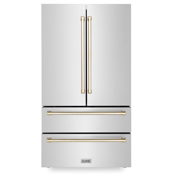 ZLINE Autograph Package - 48" Dual Fuel Range, Range Hood, Refrigerator,  Microwave and Dishwasher in Stainless Steel with Gold Accents