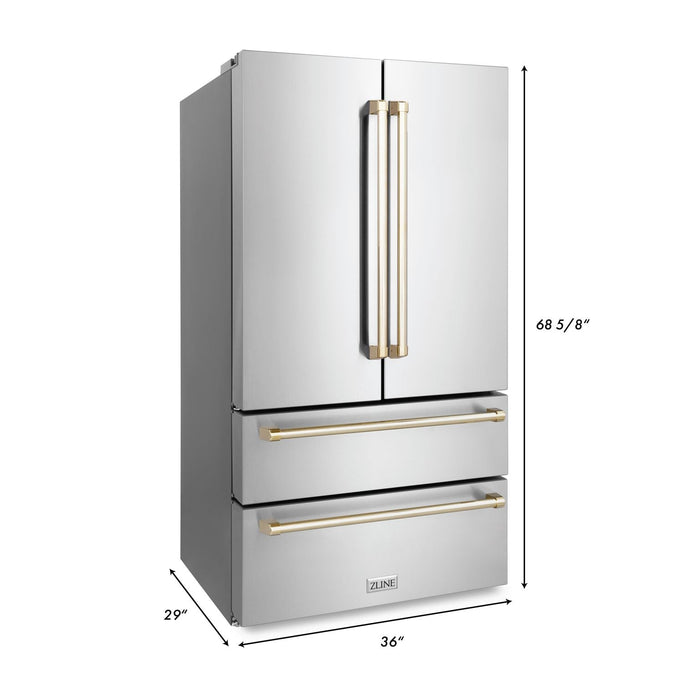 ZLINE Autograph Package - 48 in. Gas Range, Range Hood, 3 Rack Dishwasher, Refrigerator with Gold Accents - 4AKPR-RGRHDWM48-G