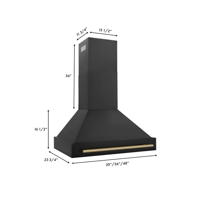 ZLINE 36" Autograph Edition Wall Mount Range Hood in Black Stainless Steel with Champagne Bronze Handle, BS655Z-36-CB