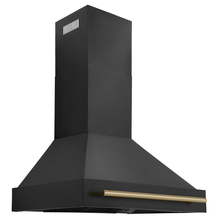 ZLINE 36" Autograph Edition Wall Mount Range Hood in Black Stainless Steel with Champagne Bronze Handle, BS655Z-36-CB