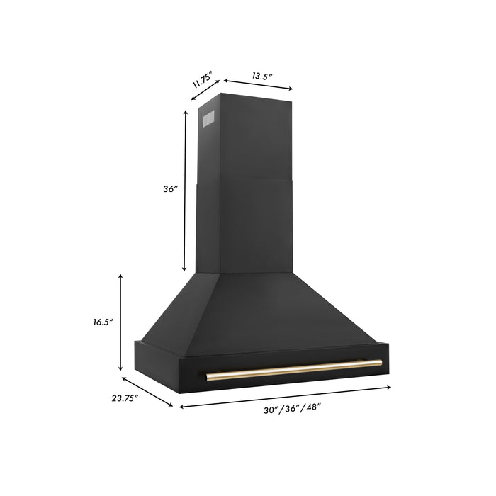 ZLINE 36" Autograph Edition Wall Mount Range Hood in Black Stainless Steel with Gold Handle, BS655Z-36-G