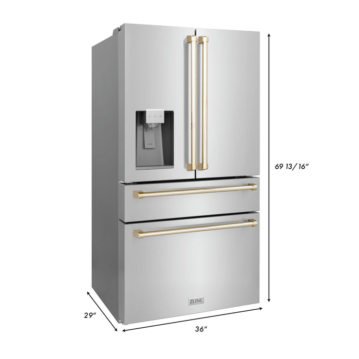 ZLINE Autograph Package - 48" Dual Fuel Range, Range Hood, Refrigerator with Water and Ice Dispenser, Microwave and Dishwasher in Stainless Steel with Gold Accents