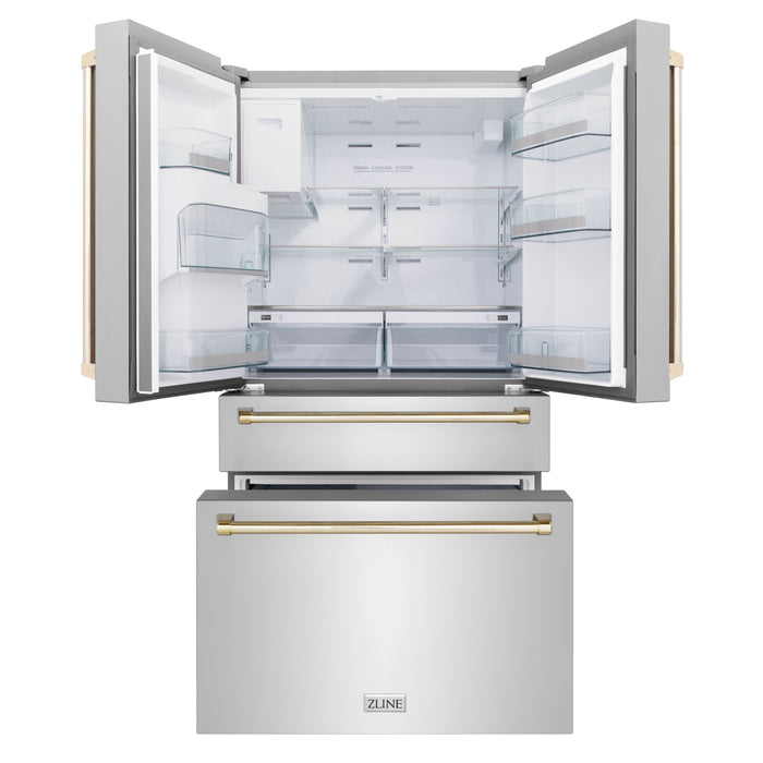 ZLINE Autograph Package - 36" Dual Fuel Range, Range Hood, Dishwasher, Refrigerator with Water & Ice Dispenser in Stainless Steel with Gold Accents