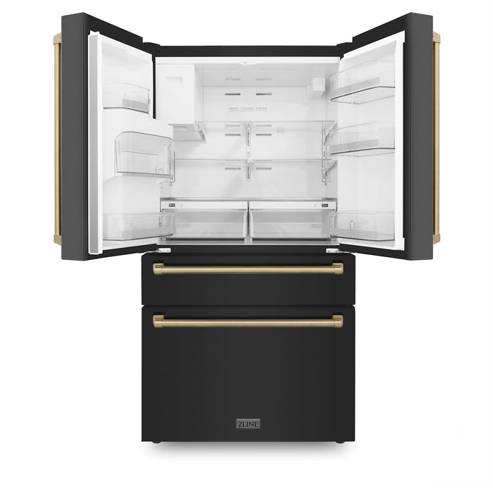 ZLINE Autograph Package - 36" Dual Fuel Range, Range Hood, Refrigerator with Water and Ice Dispenser, Microwave and Dishwasher in Black Stainless Steel with Bronze Accents