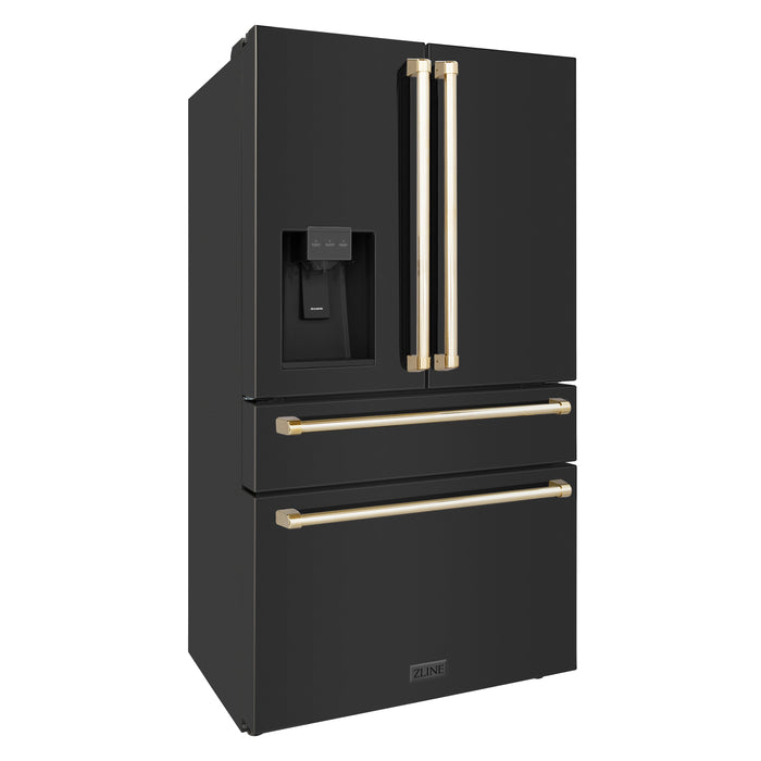 ZLINE Autograph Package - 36" Dual Fuel Range, Range Hood, Refrigerator with Water and Ice Dispenser, Microwave and Dishwasher in Black Stainless Steel with Gold Accents