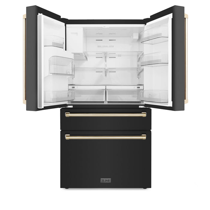 ZLINE Autograph Package - 36" Dual Fuel Range, Range Hood, Refrigerator with Water and Ice Dispenser, Microwave and Dishwasher in Black Stainless Steel with Gold Accents