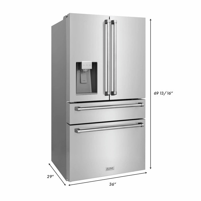 ZLINE Appliance Package - 36" Dual Fuel Range, Range Hood, Microwave, Dishwasher, Refrigerator with Water and Ice Dispenser