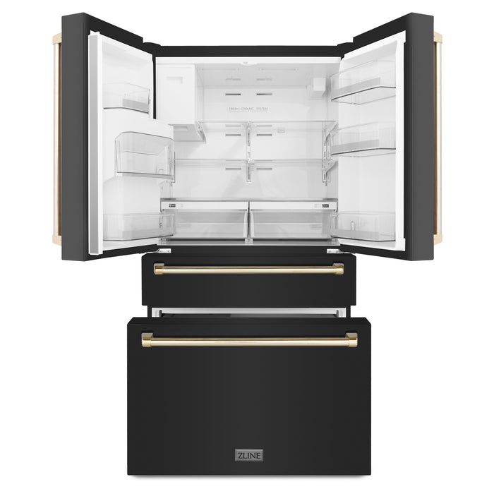 ZLINE 36" Autograph Edition Refrigerator in Black Fingerprint Resistant Stainless Steel with Gold Accents, RFMZ-W-36-BS-G