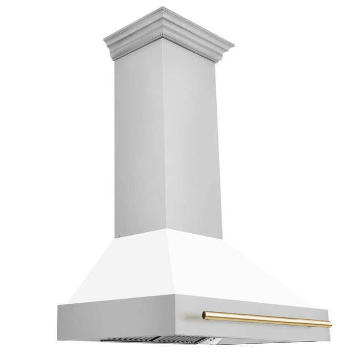 ZLINE 36" Autograph Edition Wall Mount Range Hood with White Matte Shell and Gold Handle, 8654STZ-WM36-G