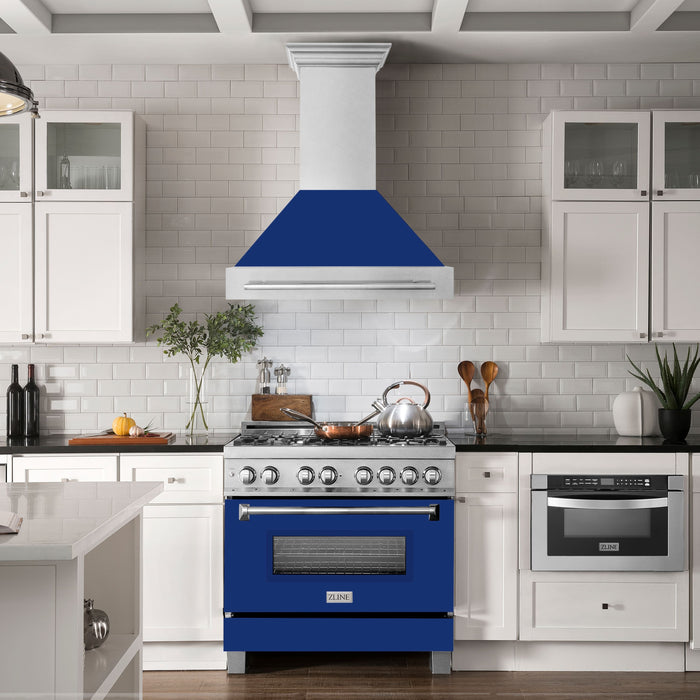 ZLINE 36" Wall Mount Range Hood in DuraSnow® Stainless Steel with Blue Gloss Shell, 8654SNX-BG-36