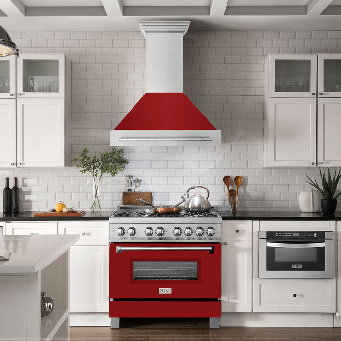 ZLINE 36" Wall Mount Range hood in DuraSnow® Stainless Steel with Red Gloss Shell, 8654SNX-RG-36