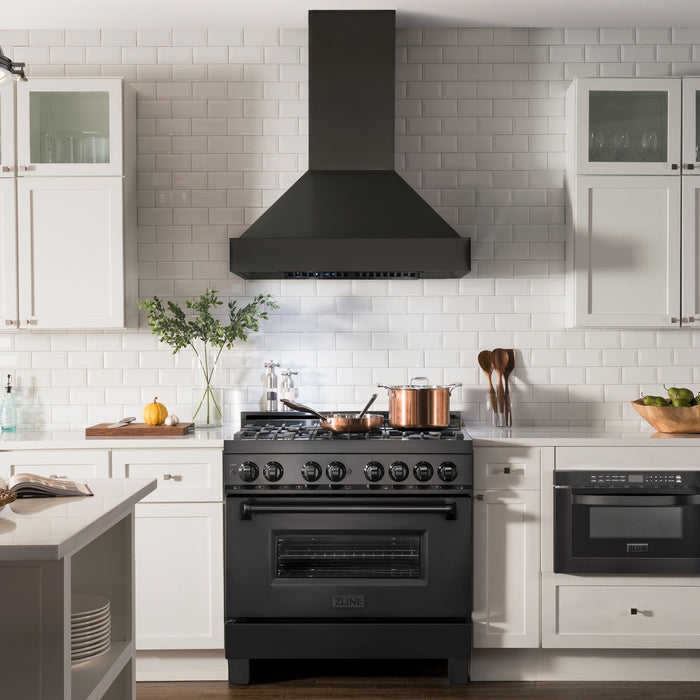 ZLINE Package - 36" Dual Fuel Range, Range Hood, Microwave, Dishwasher in Black Stainless