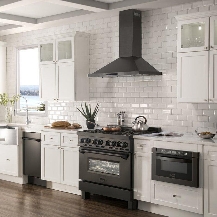 ZLINE Package - 36" Dual Fuel Range, Range Hood, Microwave, Dishwasher in Black Stainless