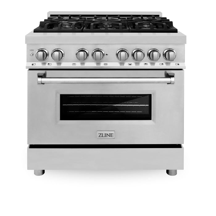 ZLINE Appliance Package - 36" Dual Fuel Range, Range Hood, Microwave Drawer, Top Touch Control Dishwasher, Refrigerator, 5KPR-RARH36-MWDWM