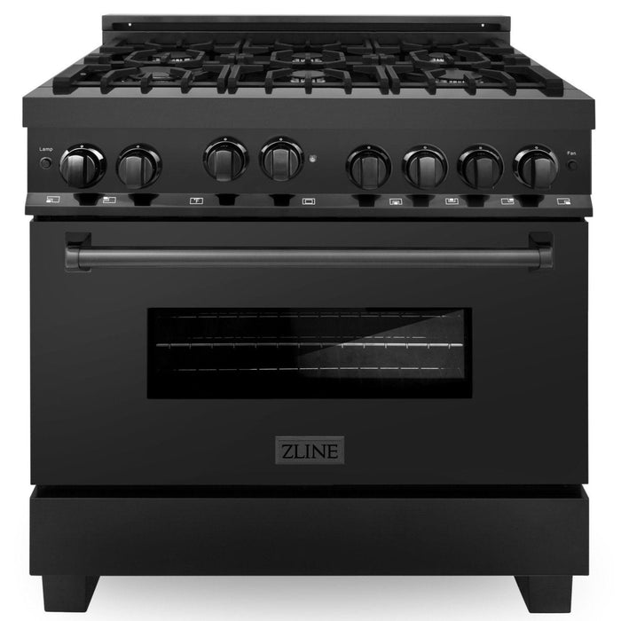 ZLINE Appliance Package - 36 in. Gas Range, Range Hood, Microwave Oven, Dishwasher - Black Stainless Steel, 4KP-RGBRH36-MODW