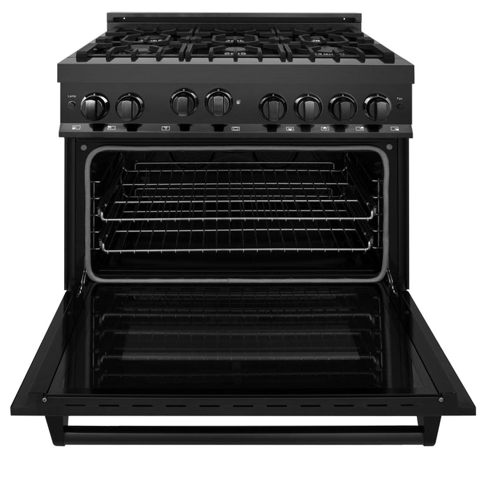 ZLINE Appliance Package - 36 in. Gas Range, Range Hood, Dishwasher - Black Stainless Steel, 3KP-RGBRH36-DW