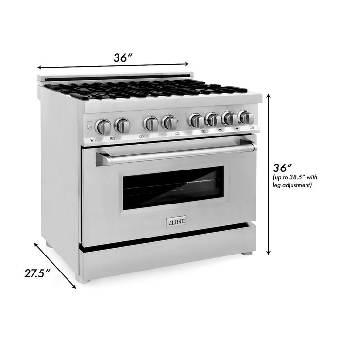 ZLINE Appliance Package - 36" Dual Fuel Range, Range Hood, Microwave, Dishwasher, Refrigerator with Water and Ice Dispenser