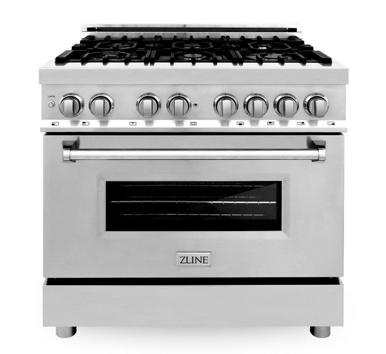 ZLINE Appliance Package - 36" Dual Fuel Range, Range Hood, Microwave, Dishwasher, Refrigerator with Water and Ice Dispenser