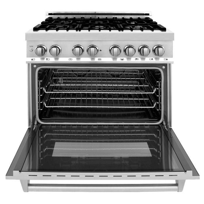 ZLINE Appliance Package - 36" Dual Fuel Range, Range Hood, Microwave, Dishwasher, Refrigerator with Water and Ice Dispenser