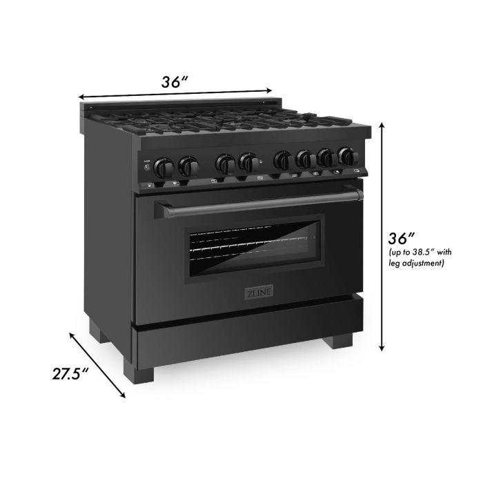 ZLINE Appliance Package - 36 in. Dual Fuel Range, Range Hood, Microwave Oven, Dishwasher in Black Stainless Steel, 4KP-RABRH36-MODW